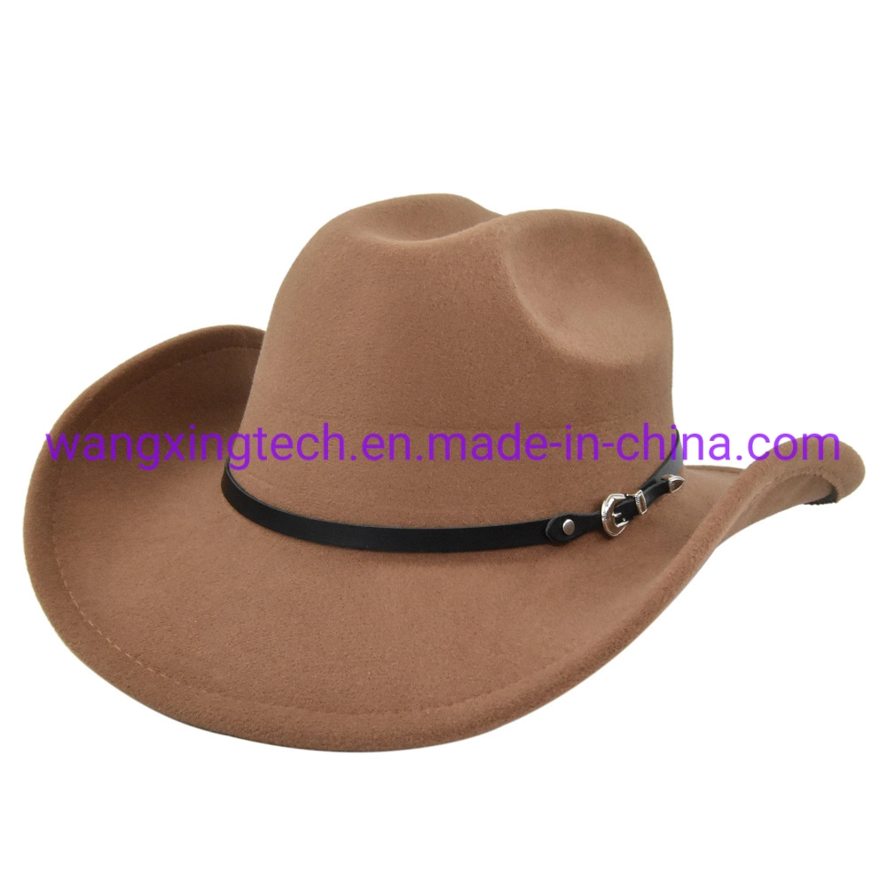 Wholesale Cowboy Jazz Hat Felt Top Hat Solid Color Top Cap Men′s and Women′s Wide-Brimmed Woolen Retro Big-Brimmed Hat Thickened