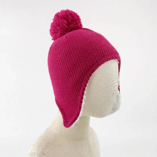 Bonnet chaud et doux pour enfants filles, pompon rouge, Design tricoté, doublure polaire Sherpa, Bonnet décontracté, oreillettes