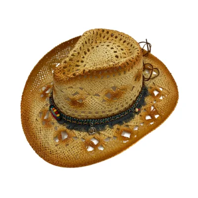 Chapeaux de Cowboy ajourés en paille occidentale respirante et enroulée avec pierres précieuses, pour femmes et hommes, 2023