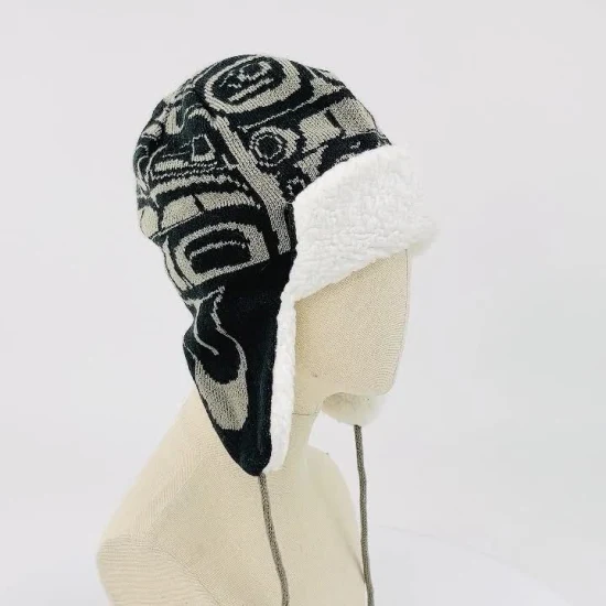 Bonnet chaud et doux pour hommes, Design Jacquard blanc et noir, doublure polaire Sherpa, Bonnet décontracté, rabat d'oreille