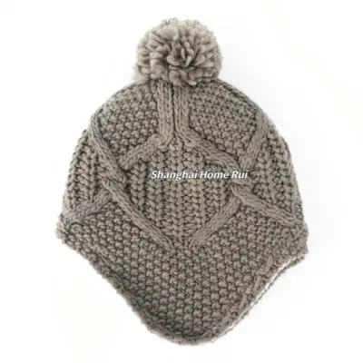 Femmes chaud doux épais ample acrylique chameau pompon polaire Sherpa doublure tricoté câble côtes Bonnet décontracté Bonnet chapeau oreillette